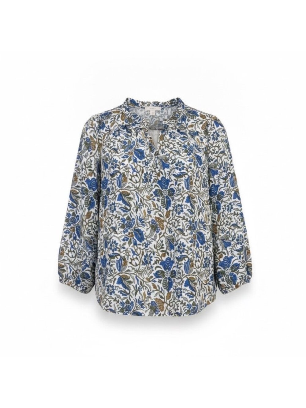 Loft Petite White Blue Green Floral Print Blouse 3/4 Sleeve Sz XSP